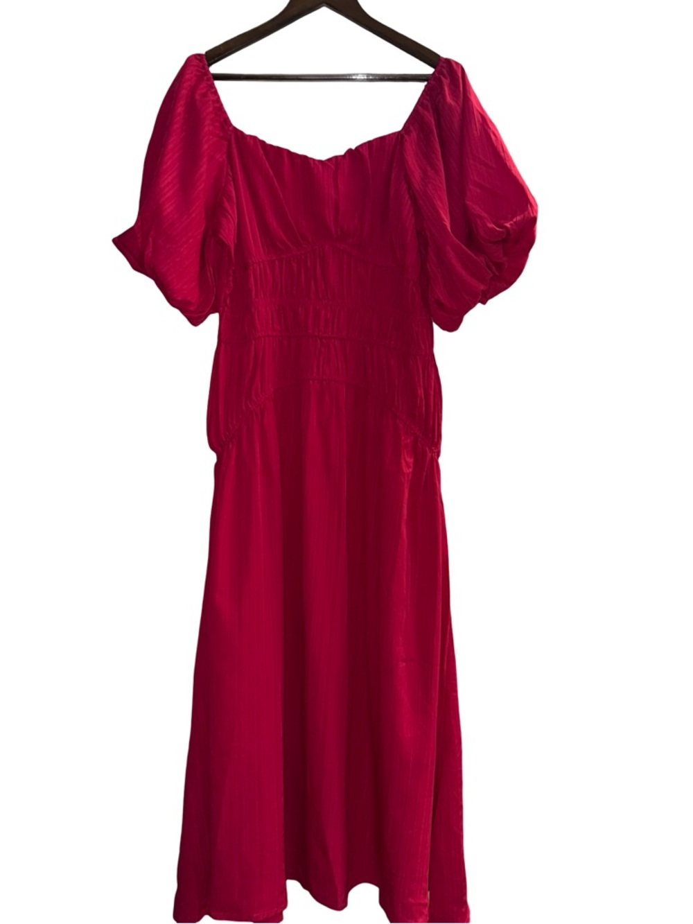 Hingewave Red Puff Sleeve Midi Dress Smocked Waist Cottagecore Romantic Size L - Picture 3 of 7